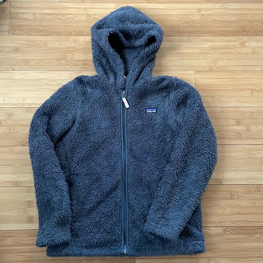 Girls Patagonia XL (14) Dark Gray full zip hooded Fleece Jacket